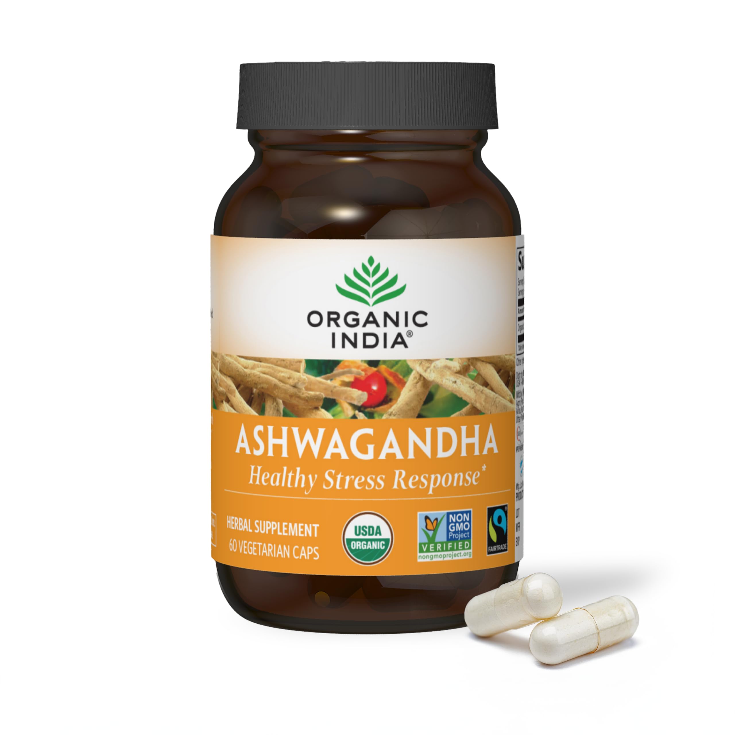 ORGANIC INDIA frasco frontal del producto mostrando sello orgánico y beneficios