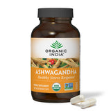 ORGANIC INDIA frasco frontal mostrando marca y cantidad, confianza orgánica