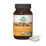 ORGANIC INDIA frasco frontal del producto mostrando sello orgánico y beneficios