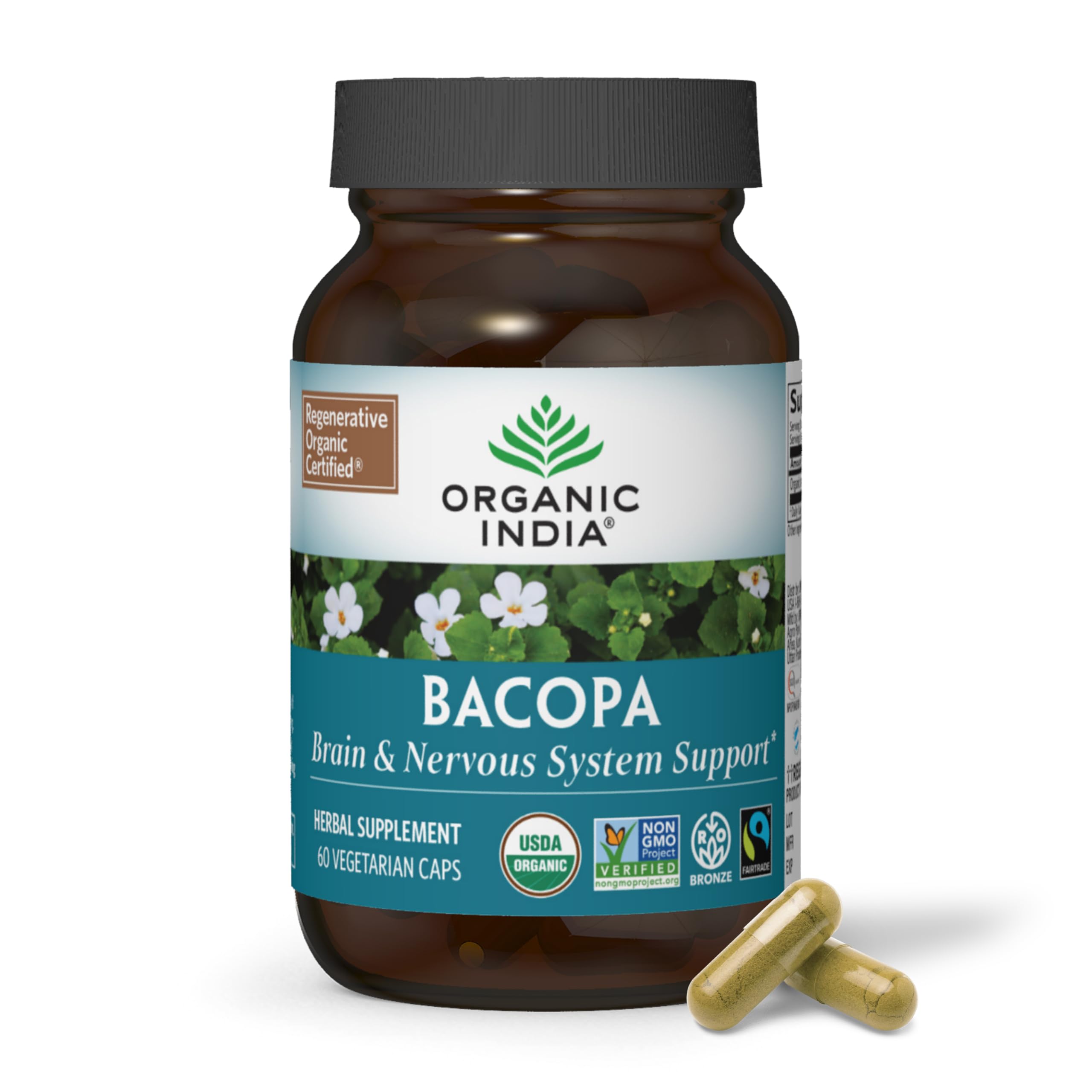 ORGANIC INDIA envase de Bacopa monnieri mostrando presentación y beneficios