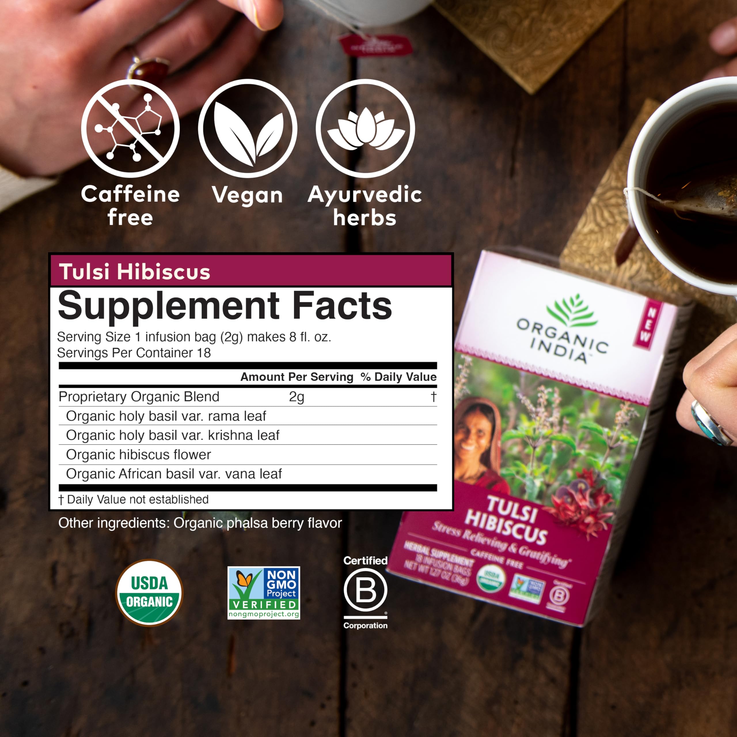 ORGANIC INDIA detalle de una bolsita y etiqueta, fácil preparación y porciones