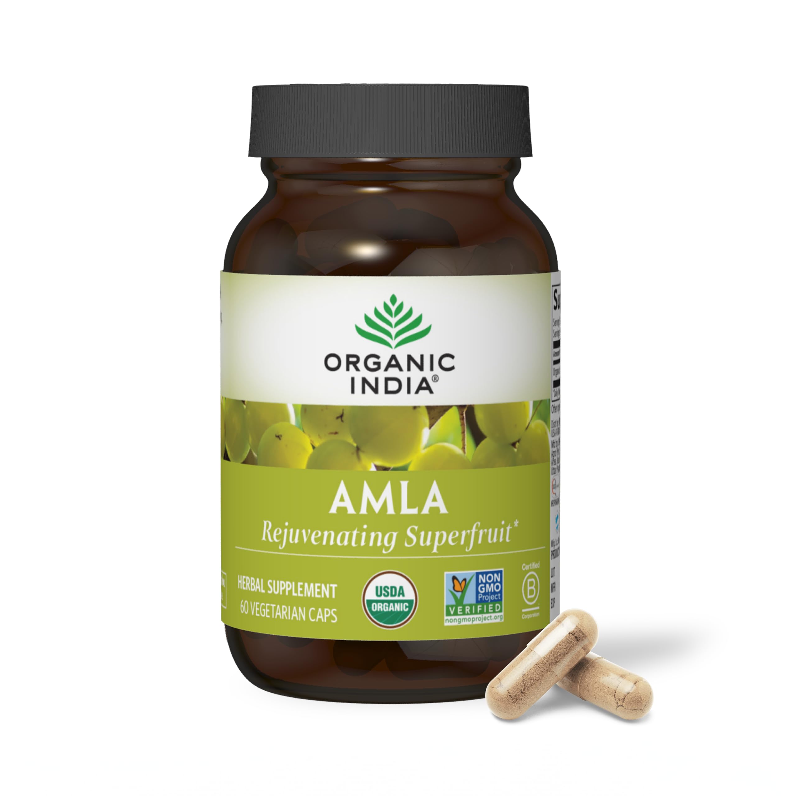 ORGANIC INDIA frasco frontal de Amla mostrando etiqueta orgánica y beneficios