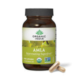ORGANIC INDIA frasco frontal de Amla mostrando etiqueta orgánica y beneficios