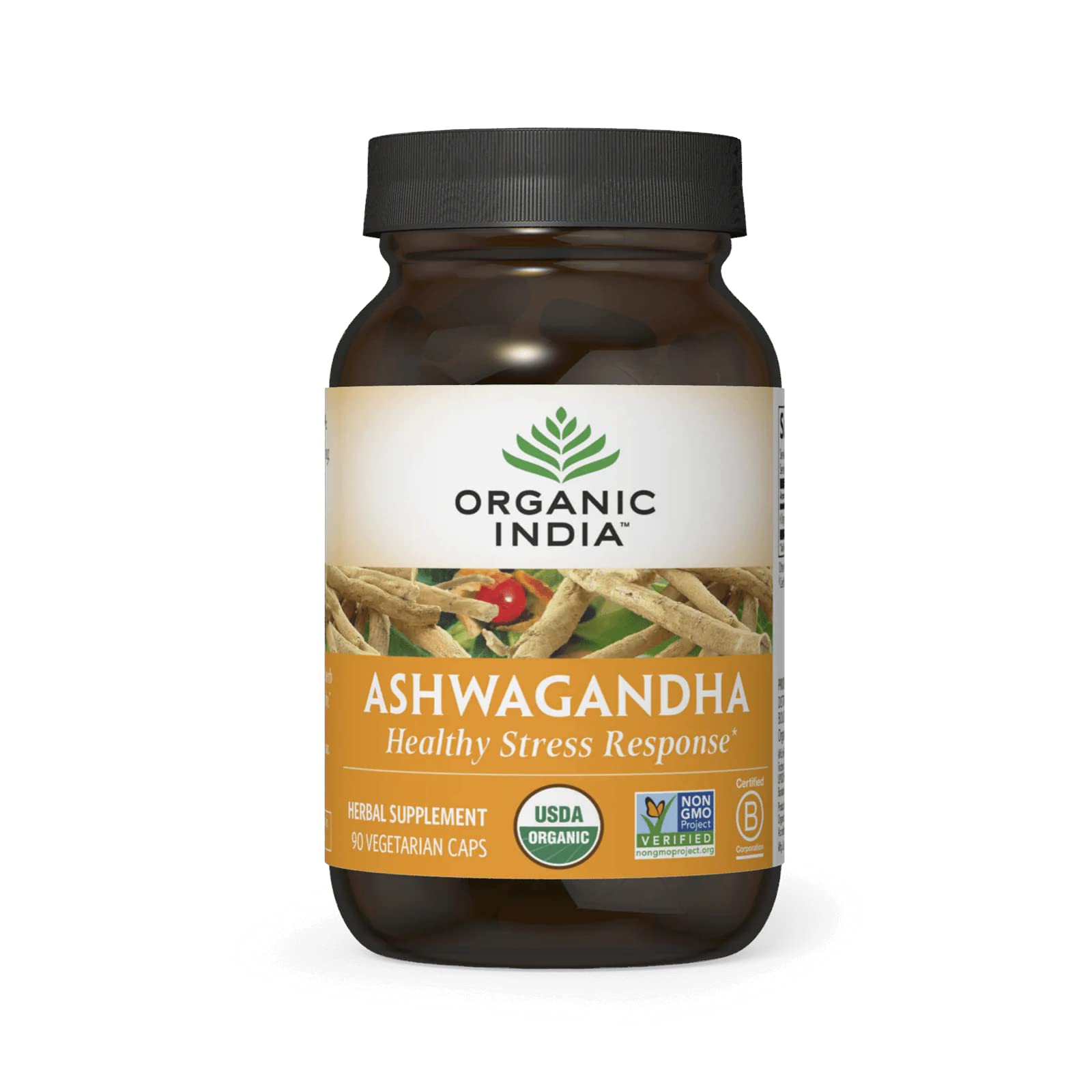 ORGANIC INDIA frasco frontal mostrando diseño y cantidad 90 cápsulas