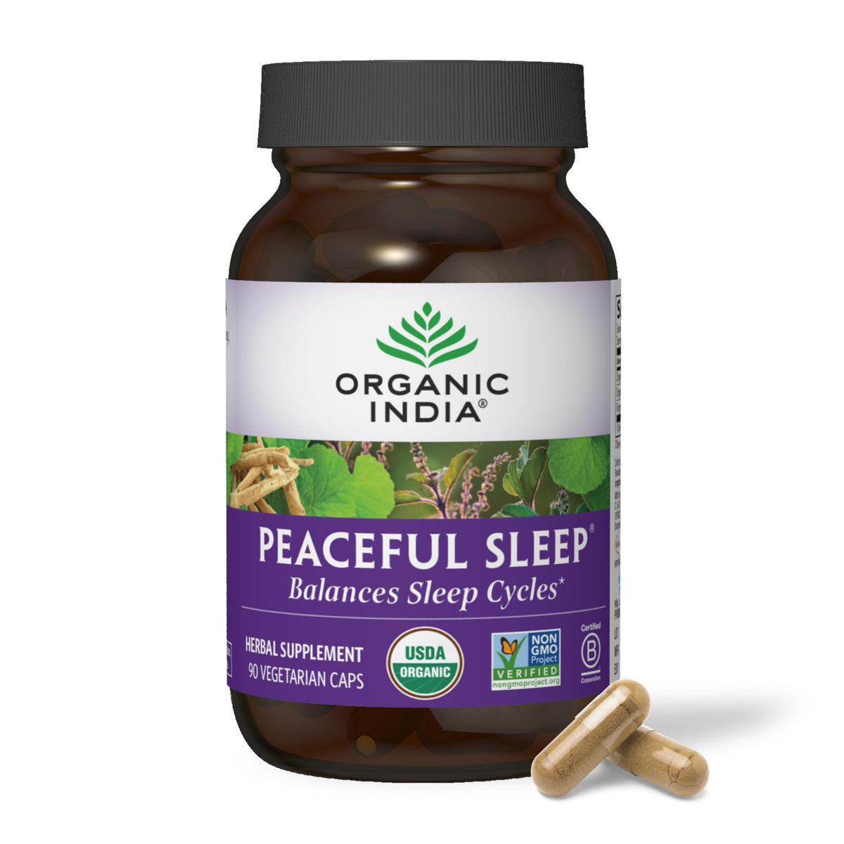 ORGANIC INDIA envase frontal de Peaceful Sleep mostrando beneficio de apoyo al sueño