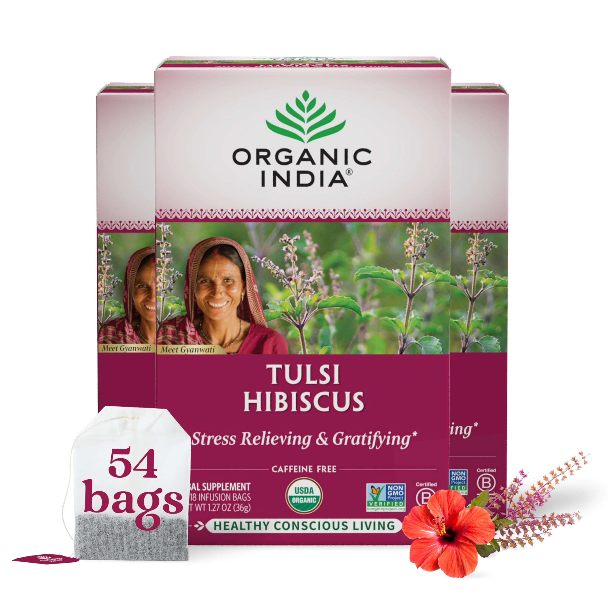 ORGANIC INDIA frontal del empaque mostrando bolsitas y diseño, confianza orgánica