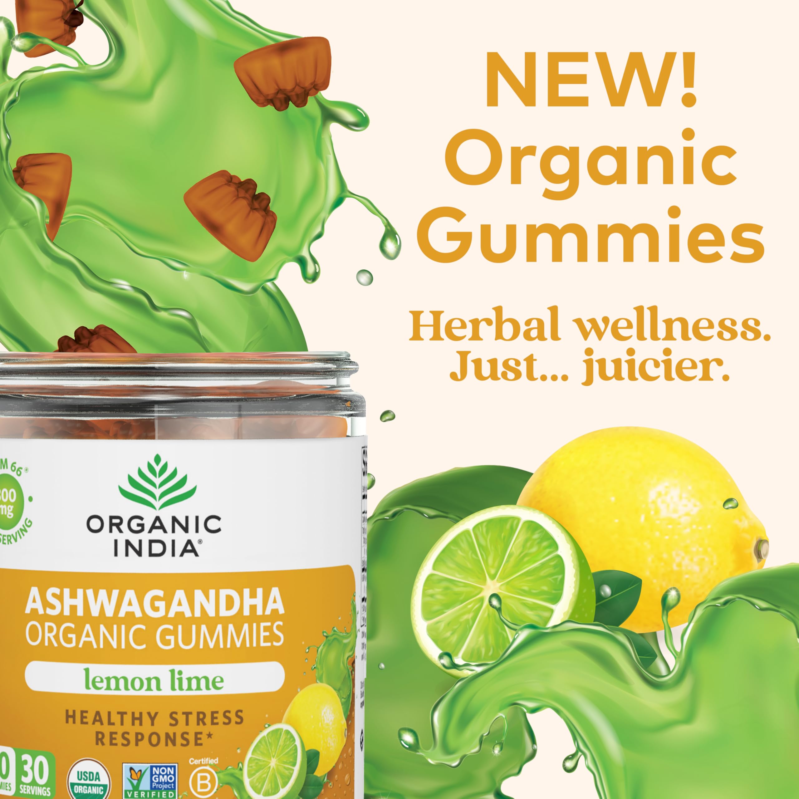 ORGANIC INDIA primer plano de textura de gomita que evidencia suavidad masticable