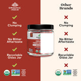 etiqueta ORGANIC INDIA con sello USDA Organic y Non-GMO, garantía de ingredientes limpios