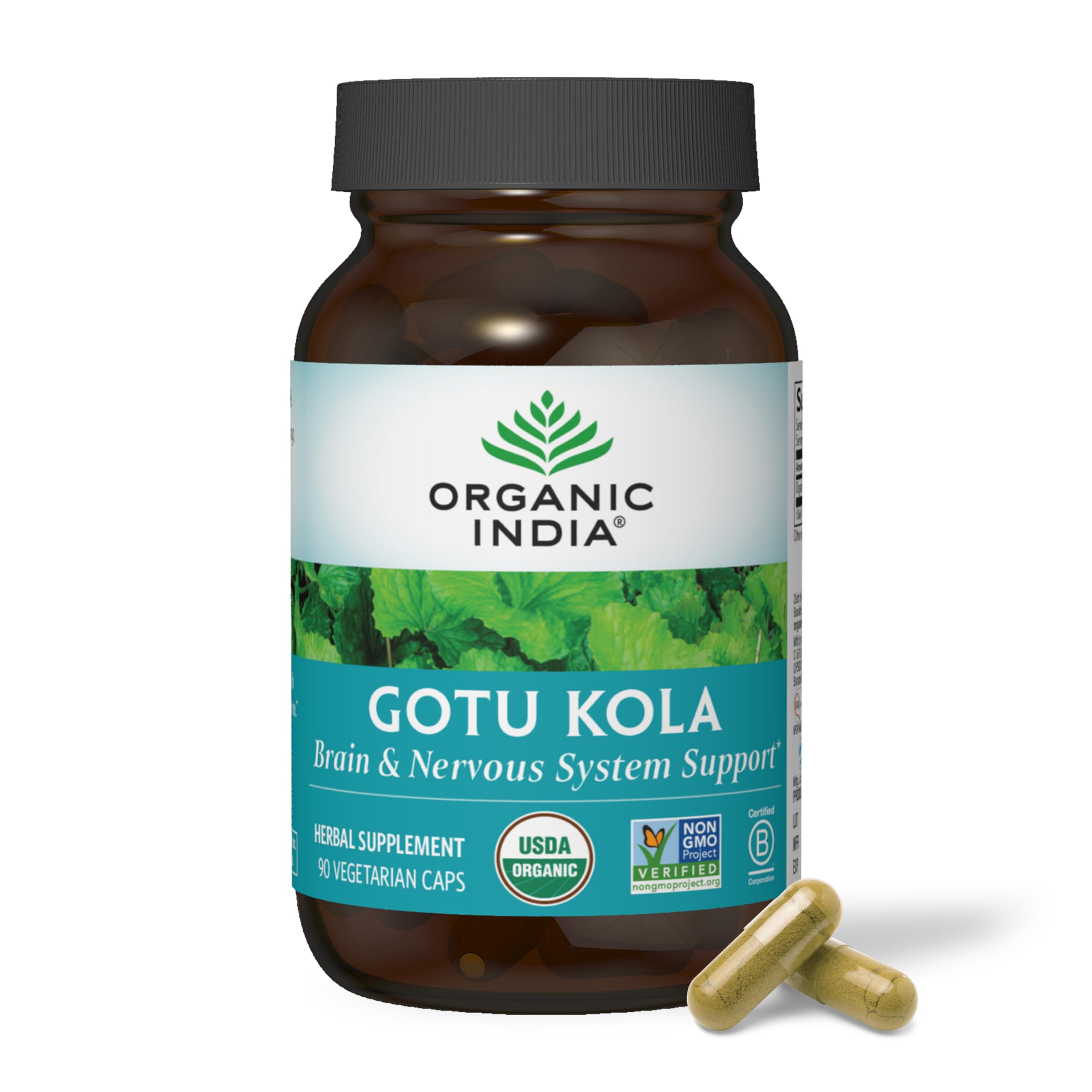 ORGANIC INDIA frasco frontal mostrando 90 cápsulas, claridad y confianza