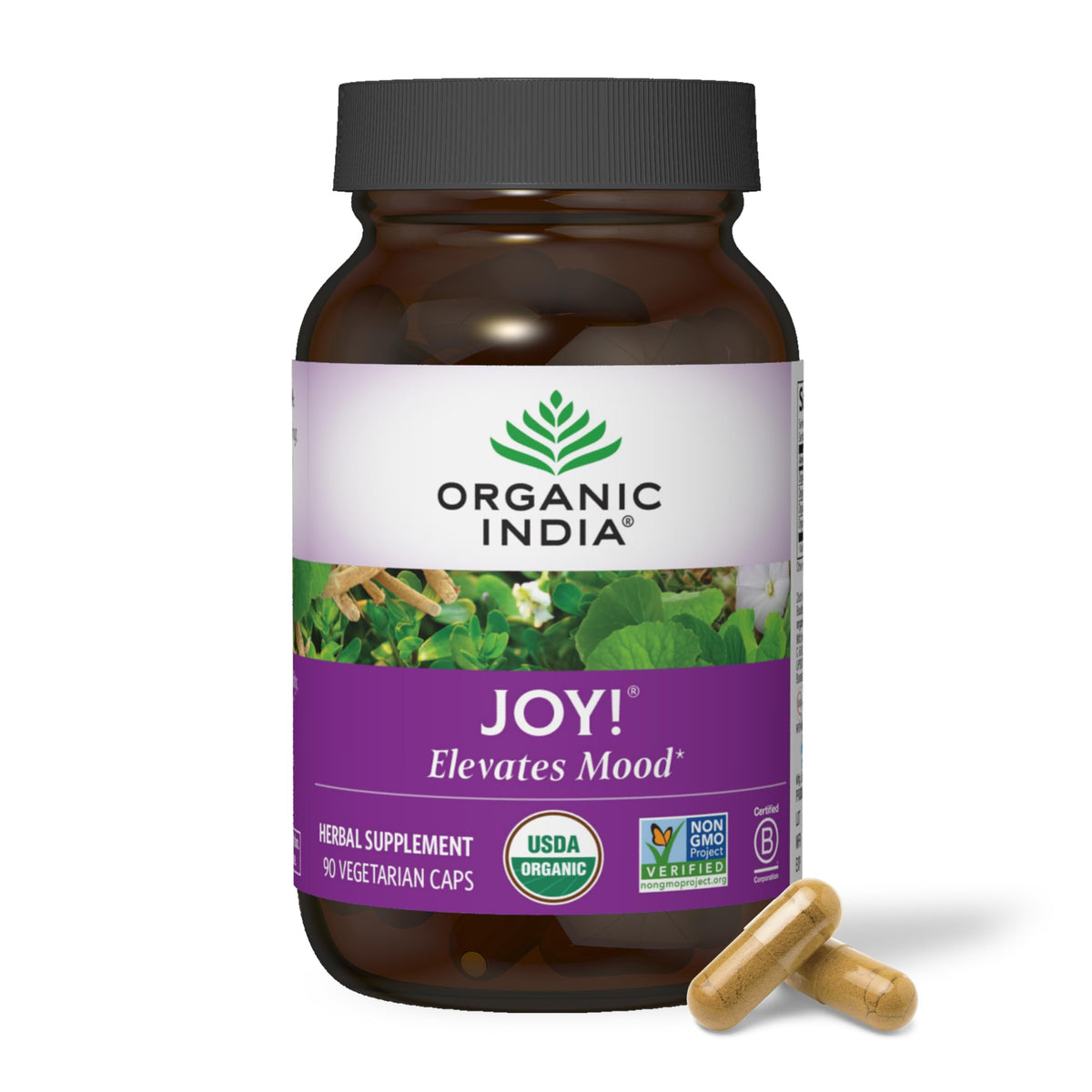 ORGANIC INDIA Joy frente del empaque mostrando 90 cápsulas y beneficios orgánicos