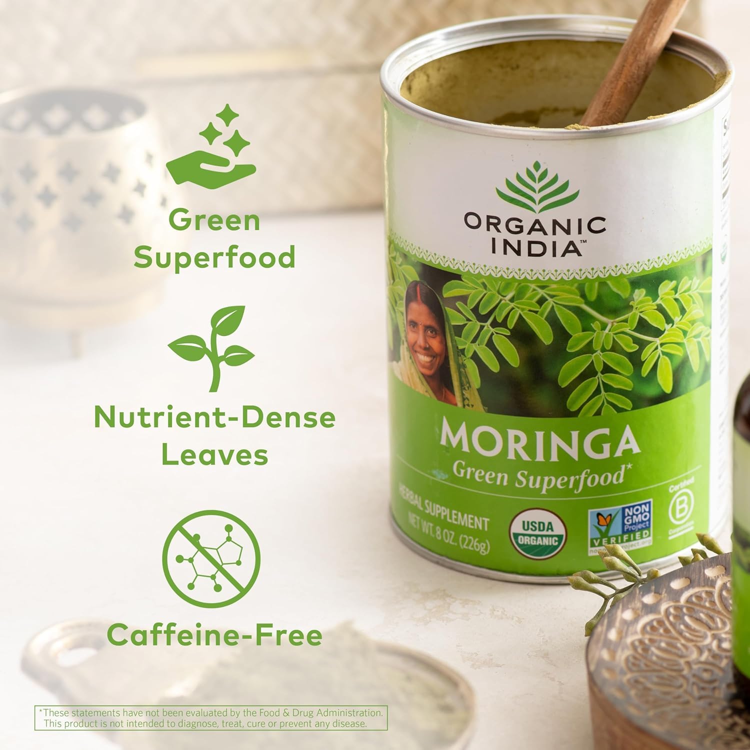 ORGANIC INDIA batido verde con moringa, aporta nutrientes y color natural