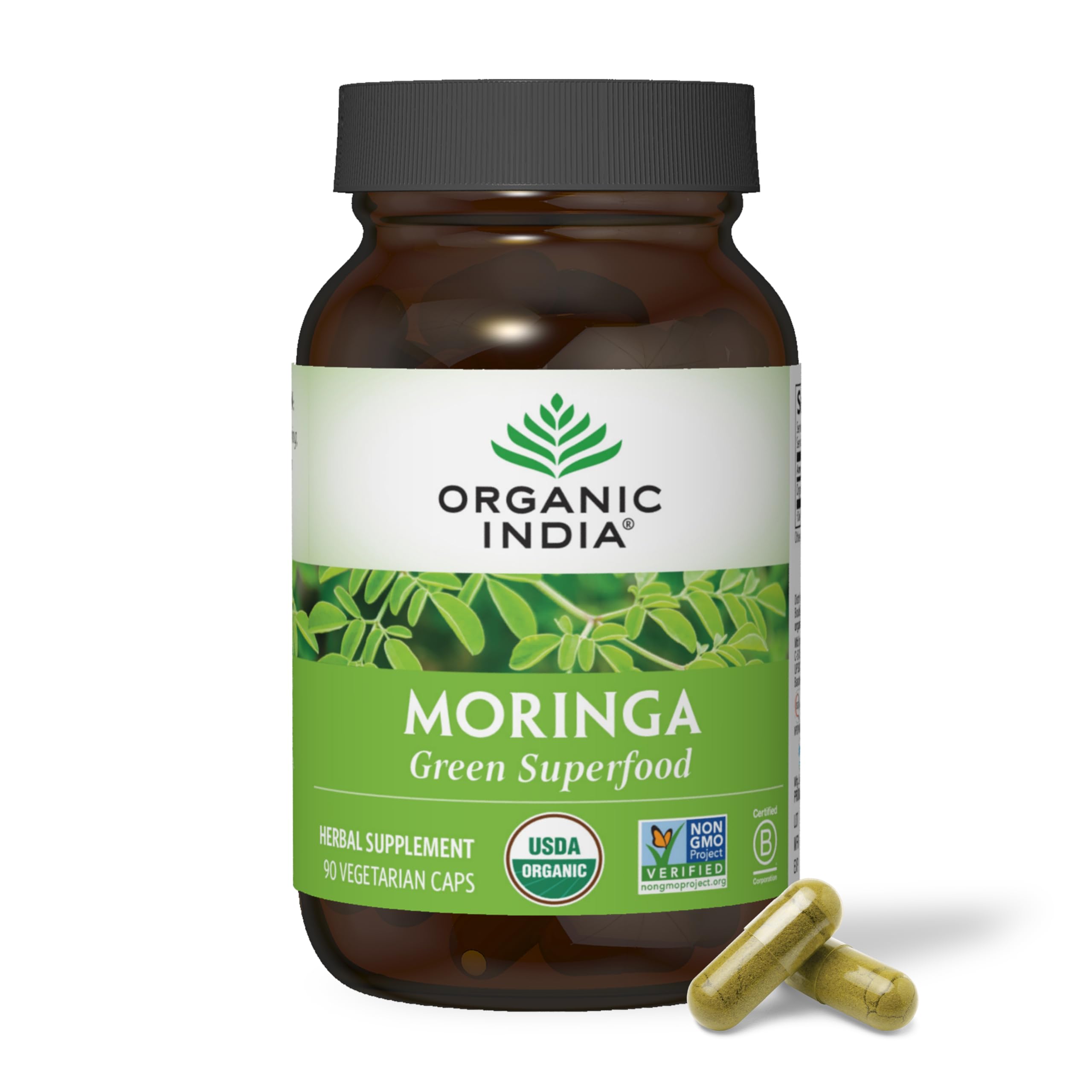 ORGANIC INDIA frasco frontal del producto muestra envase orgánico y limpio