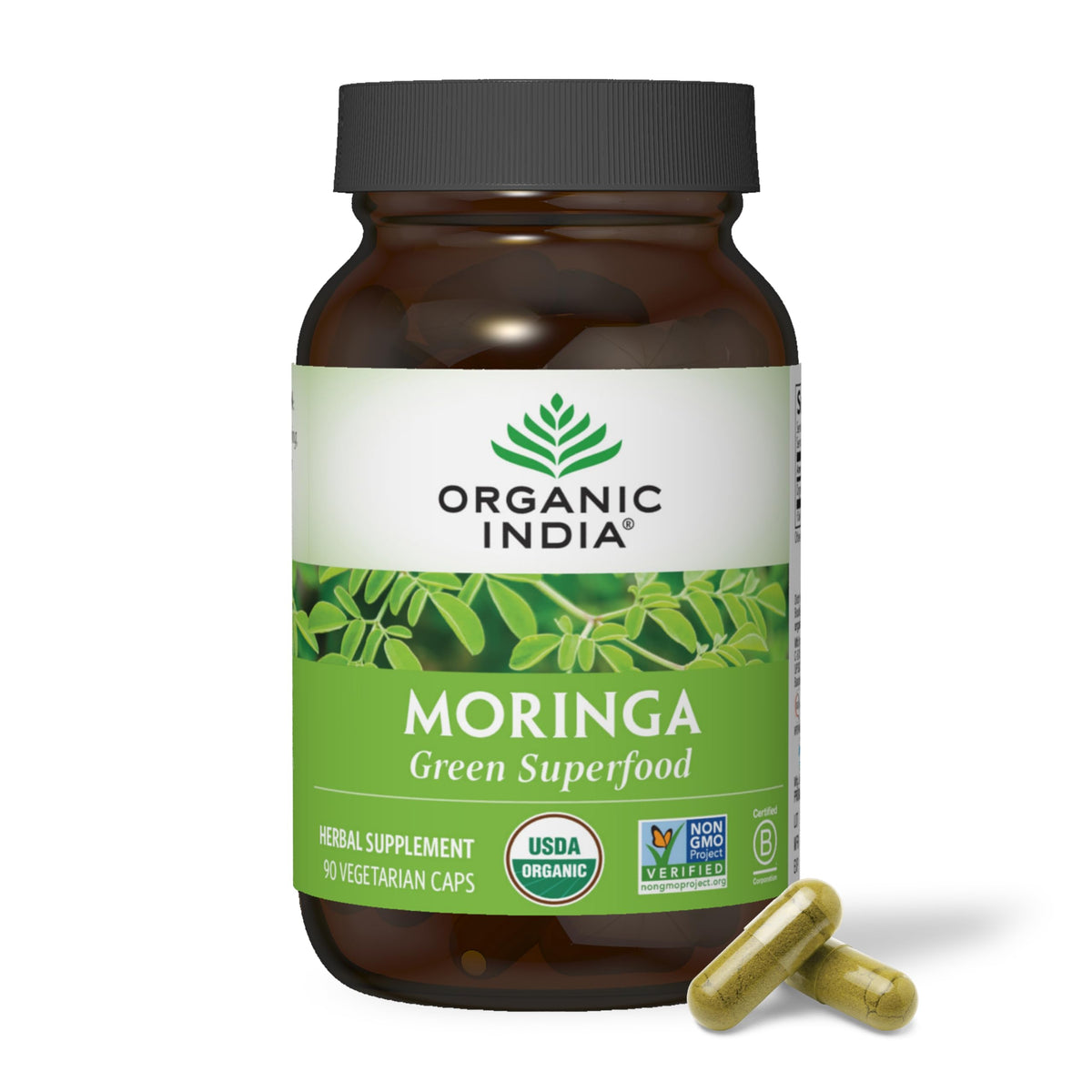 ORGANIC INDIA frasco frontal del producto muestra envase orgánico y limpio