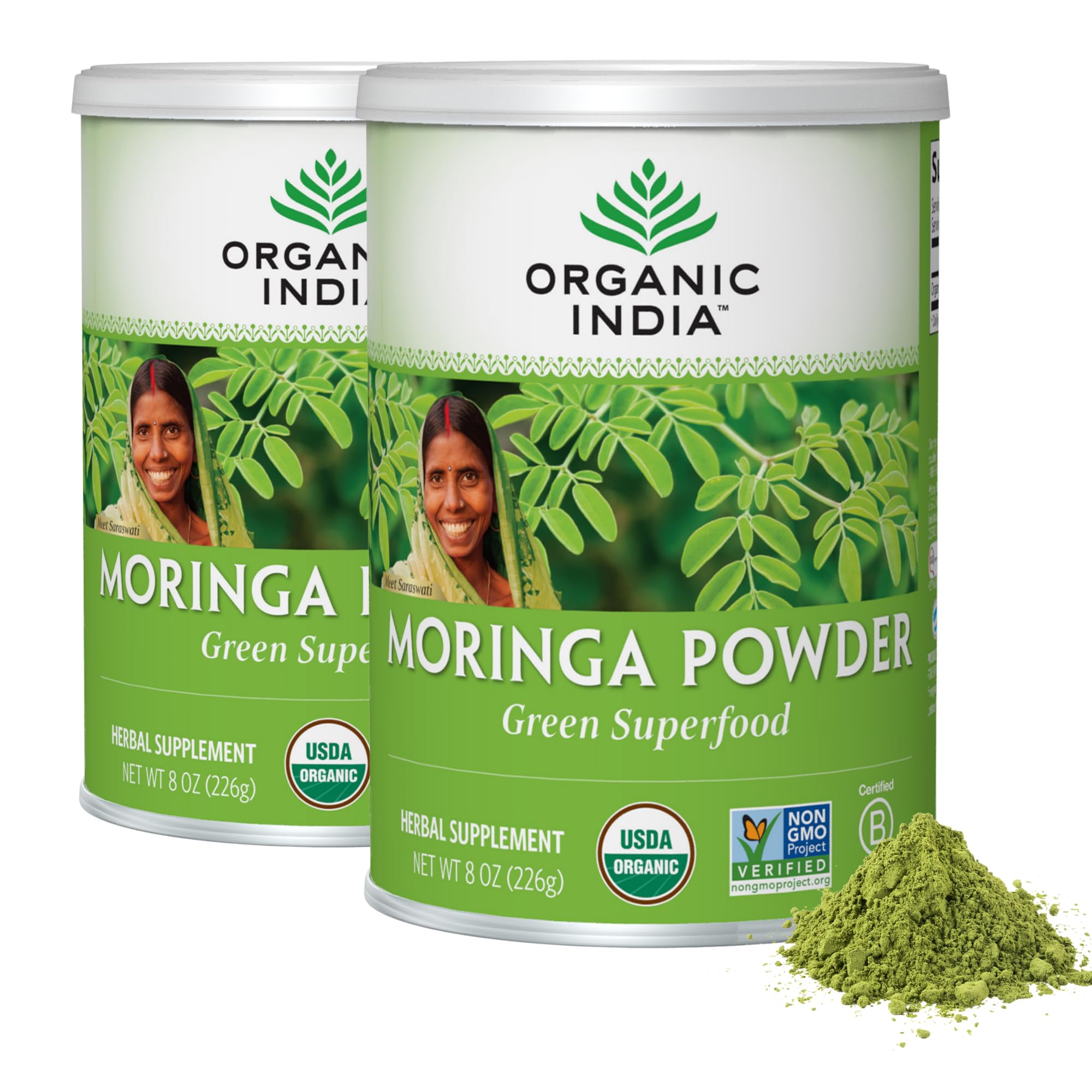 ORGANIC INDIA paquete frontal del polvo de moringa mostrando presentación y orgánico
