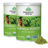 ORGANIC INDIA paquete frontal del polvo de moringa mostrando presentación y orgánico