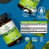 ORGANIC INDIA frasco junto a objetos para comparar tamaño y cantidad
