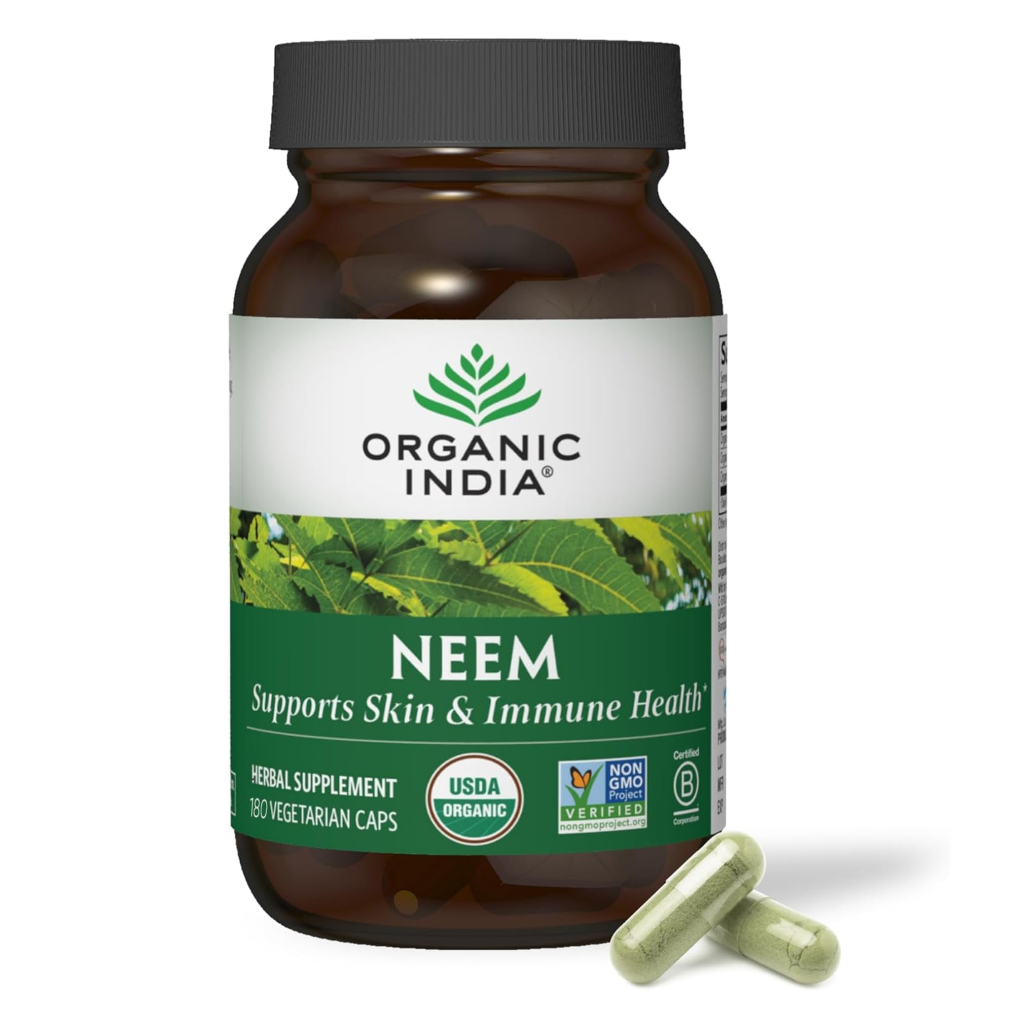 ORGANIC INDIA frasco frontal mostrando 180 cápsulas y beneficios visibles