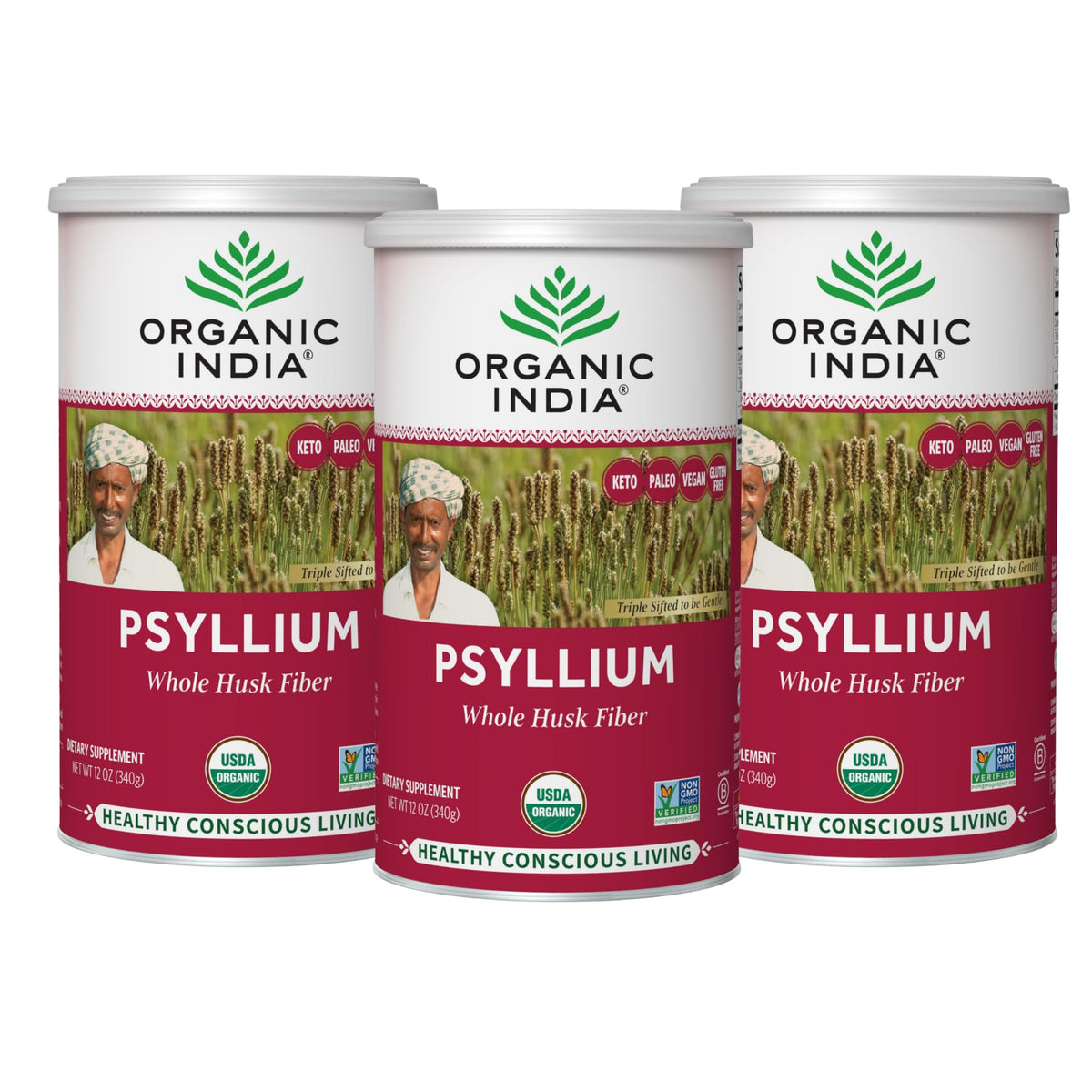 ORGANIC INDIA empaque frontal mostrando el polvo y beneficios de fibra