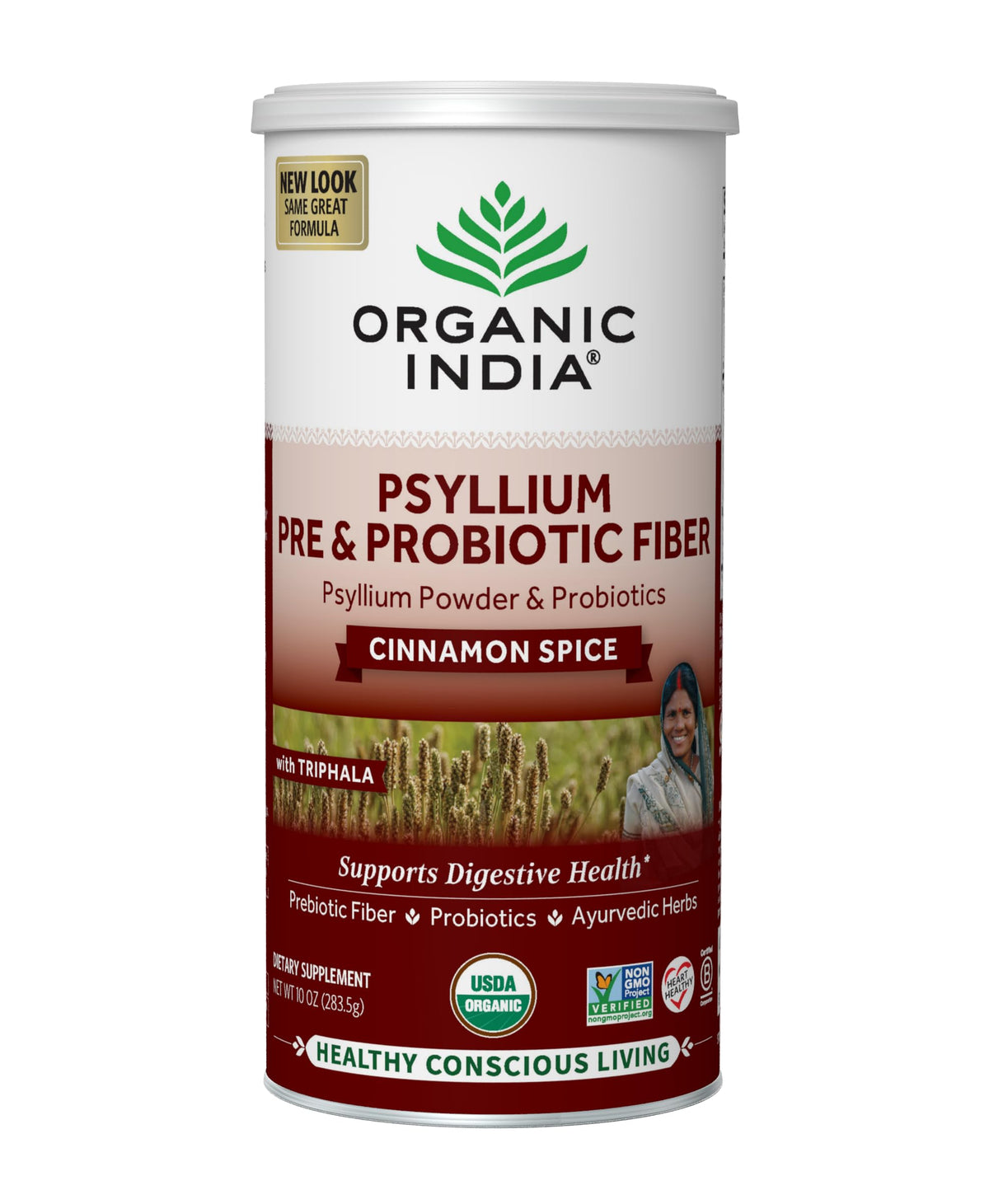 ORGANIC INDIA frente del empaque mostrando 10 oz y sabor canela, fácil identificación