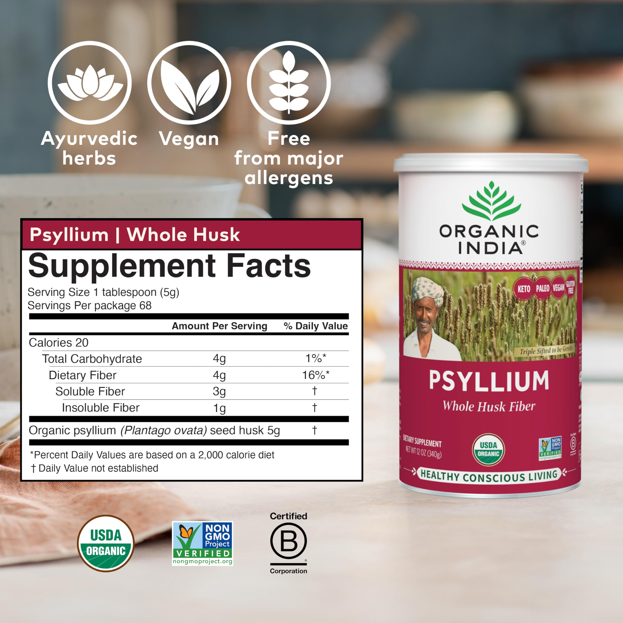 ORGANIC INDIA cucharada medidora con polvo mostrando la porción recomendada