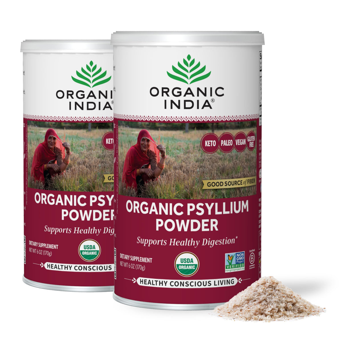 ORGANIC INDIA envase frontal del psyllium mostrando beneficios de fibra