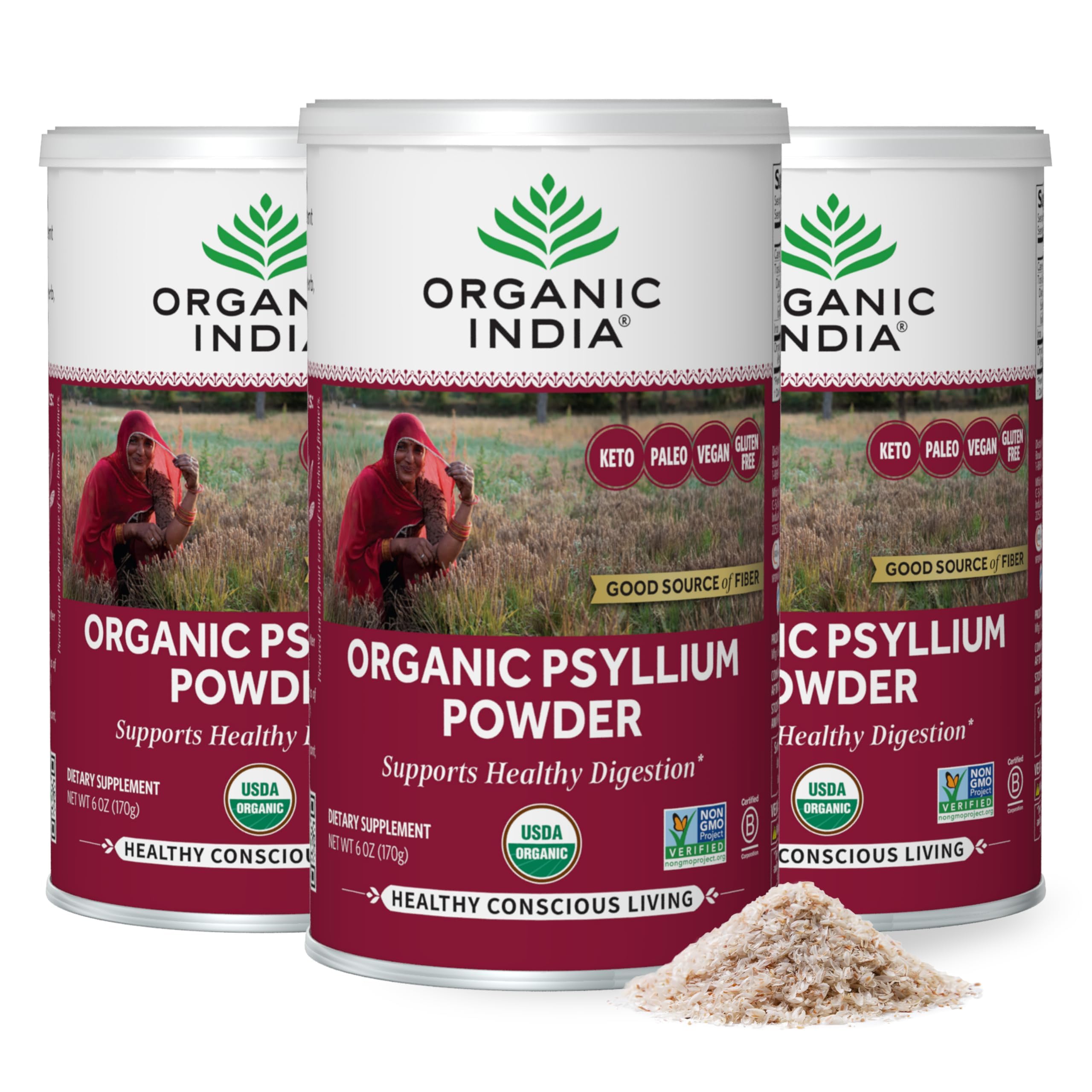 ORGANIC INDIA envase frontal del psyllium orgánico, presentación clara y natural