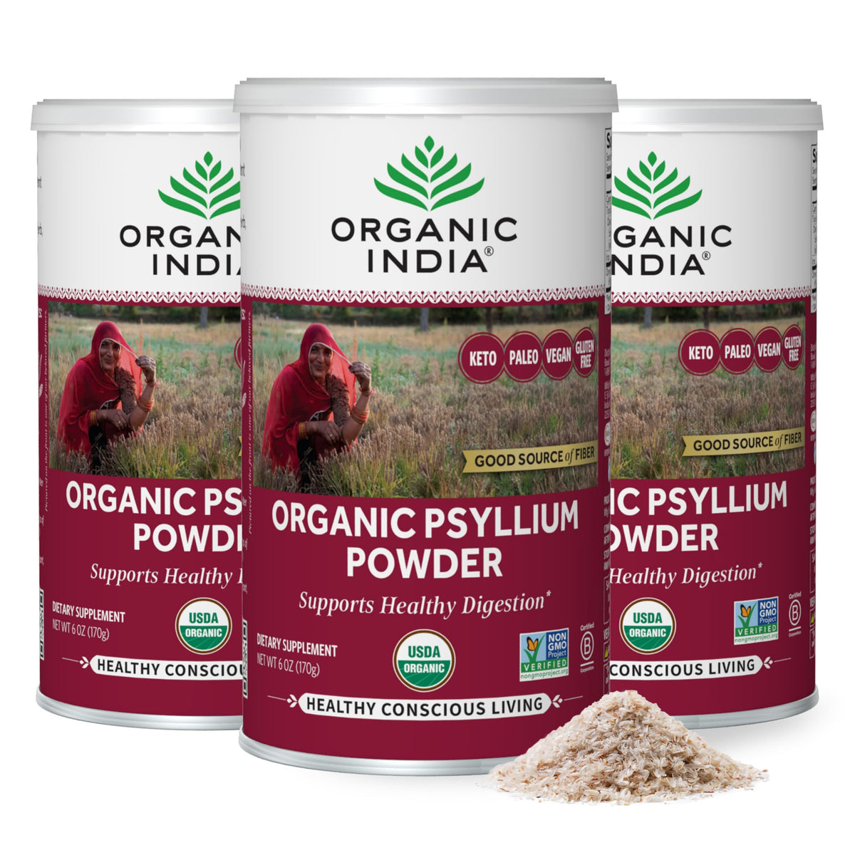 ORGANIC INDIA envase frontal del psyllium orgánico, presentación clara y natural