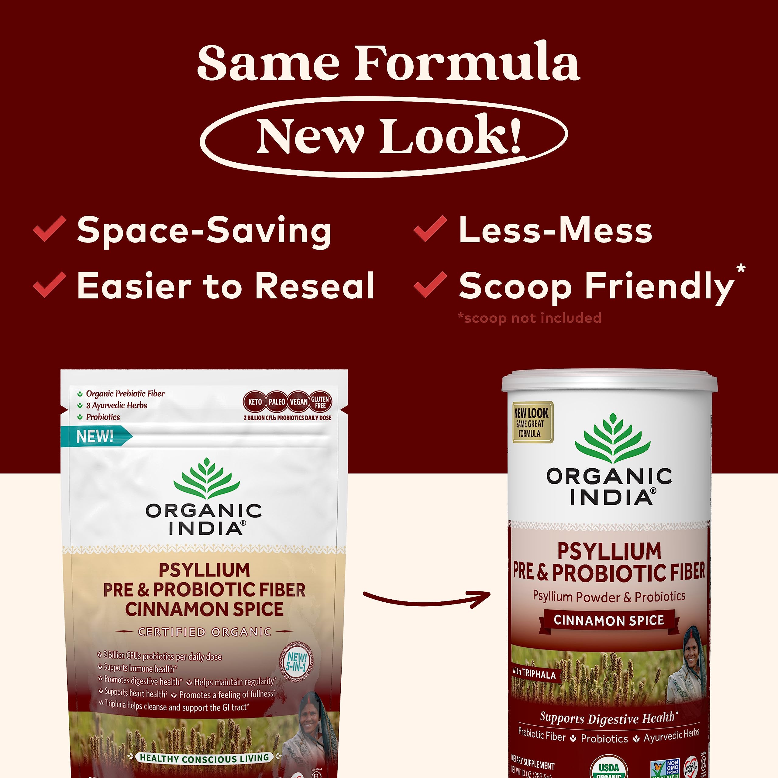 ORGANIC INDIA detalle del polvo de psyllium para comprobar textura y pureza