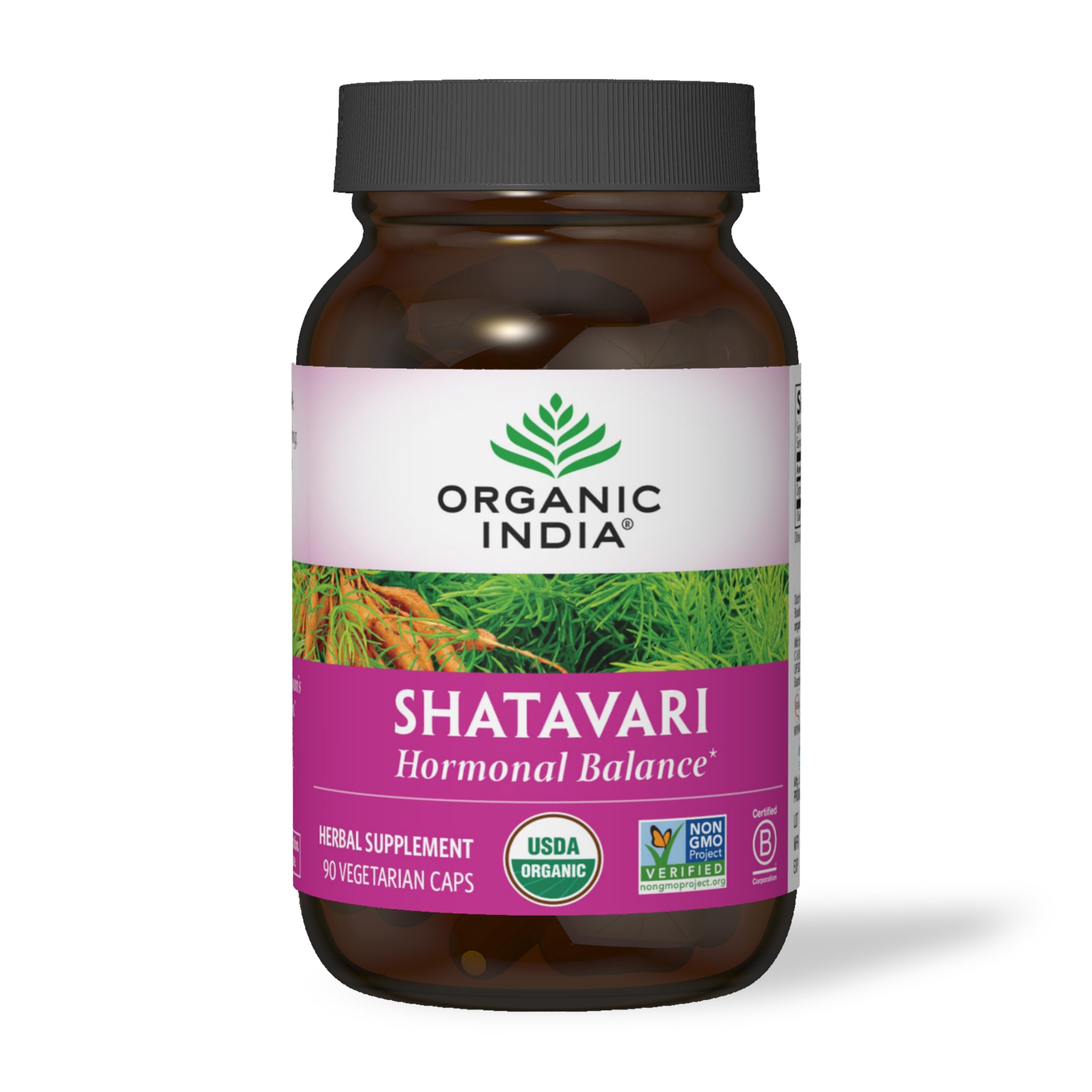 ORGANIC INDIA frasco en entorno natural con hojas, transmite origen sostenible y certificado