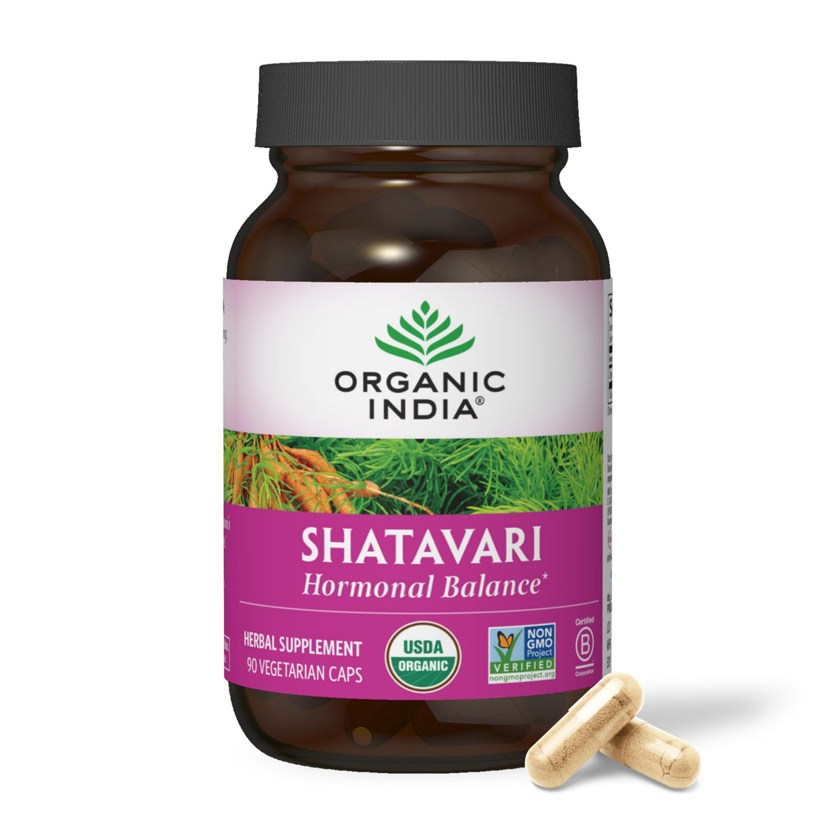 ORGANIC INDIA frasco frontal de Shatavari mostrando etiqueta y certificaciones, confianza orgánica