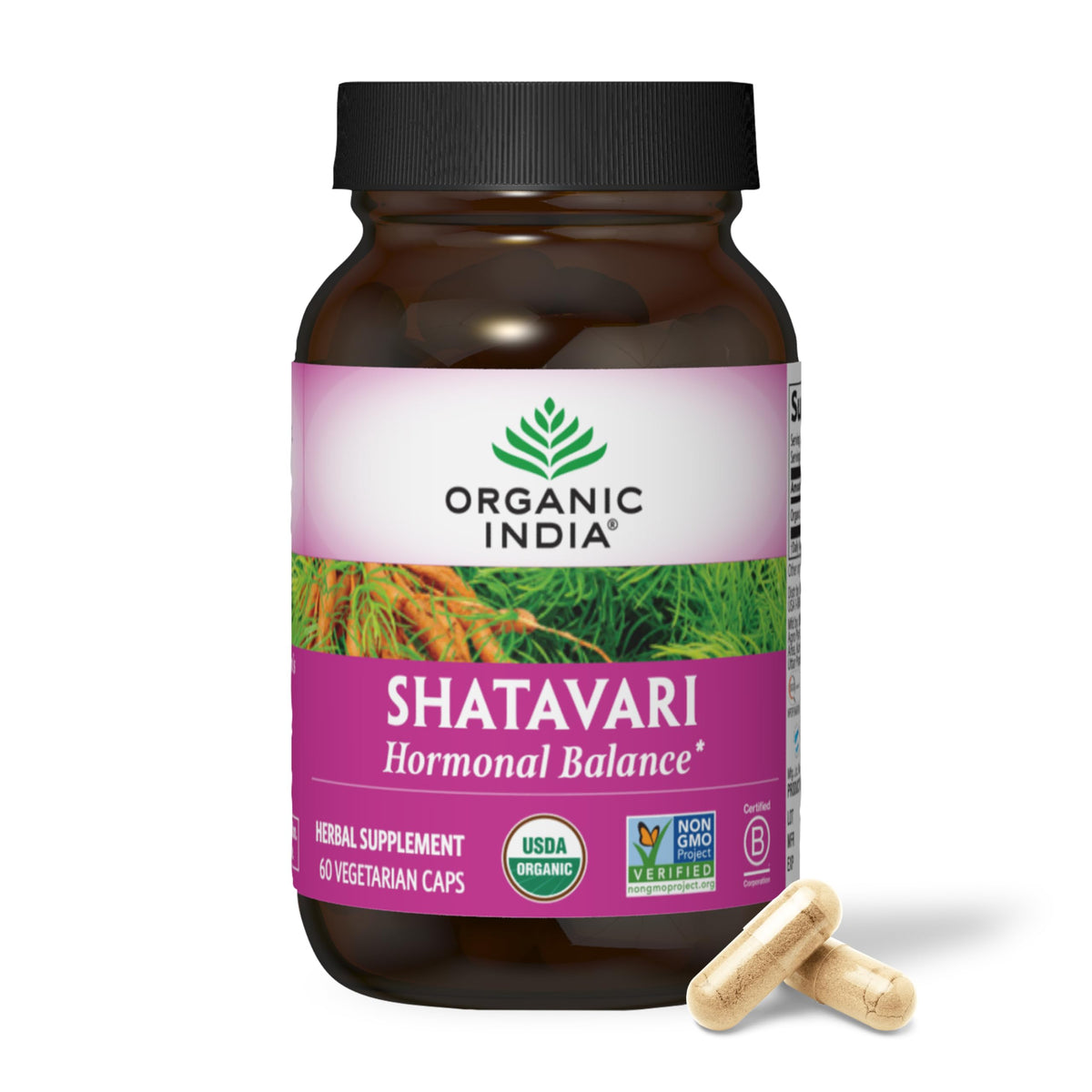 ORGANIC INDIA frasco frontal mostrando etiquetas y beneficios orgánicos