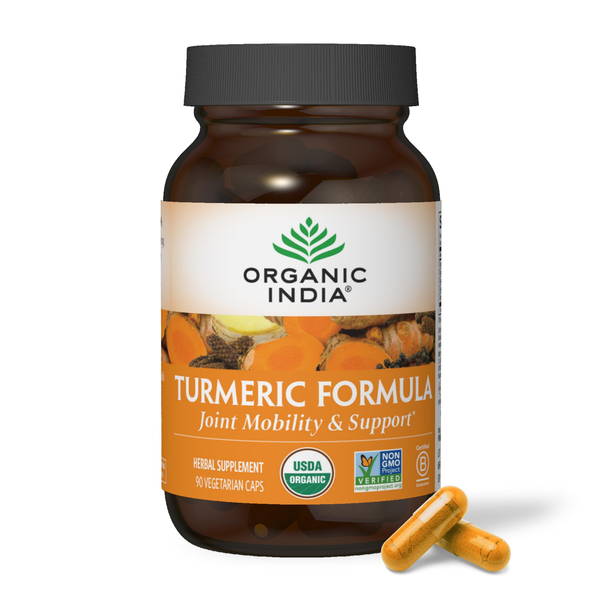 ORGANIC INDIA tarro frontal mostrando 90 cápsulas y etiqueta clara