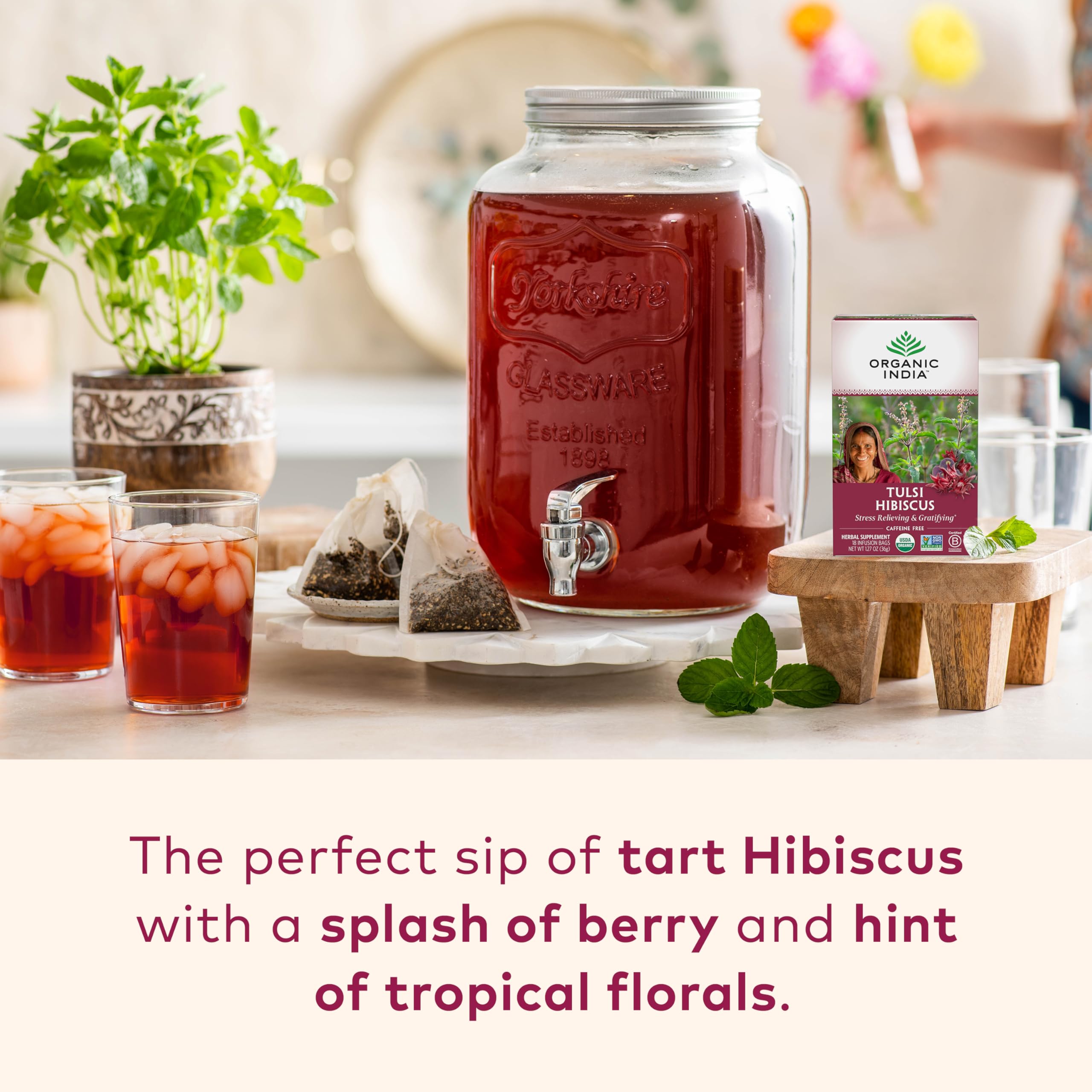 ORGANIC INDIA primer plano de hojas de tulsi y flores de hibisco, evidencia de ingredientes naturales