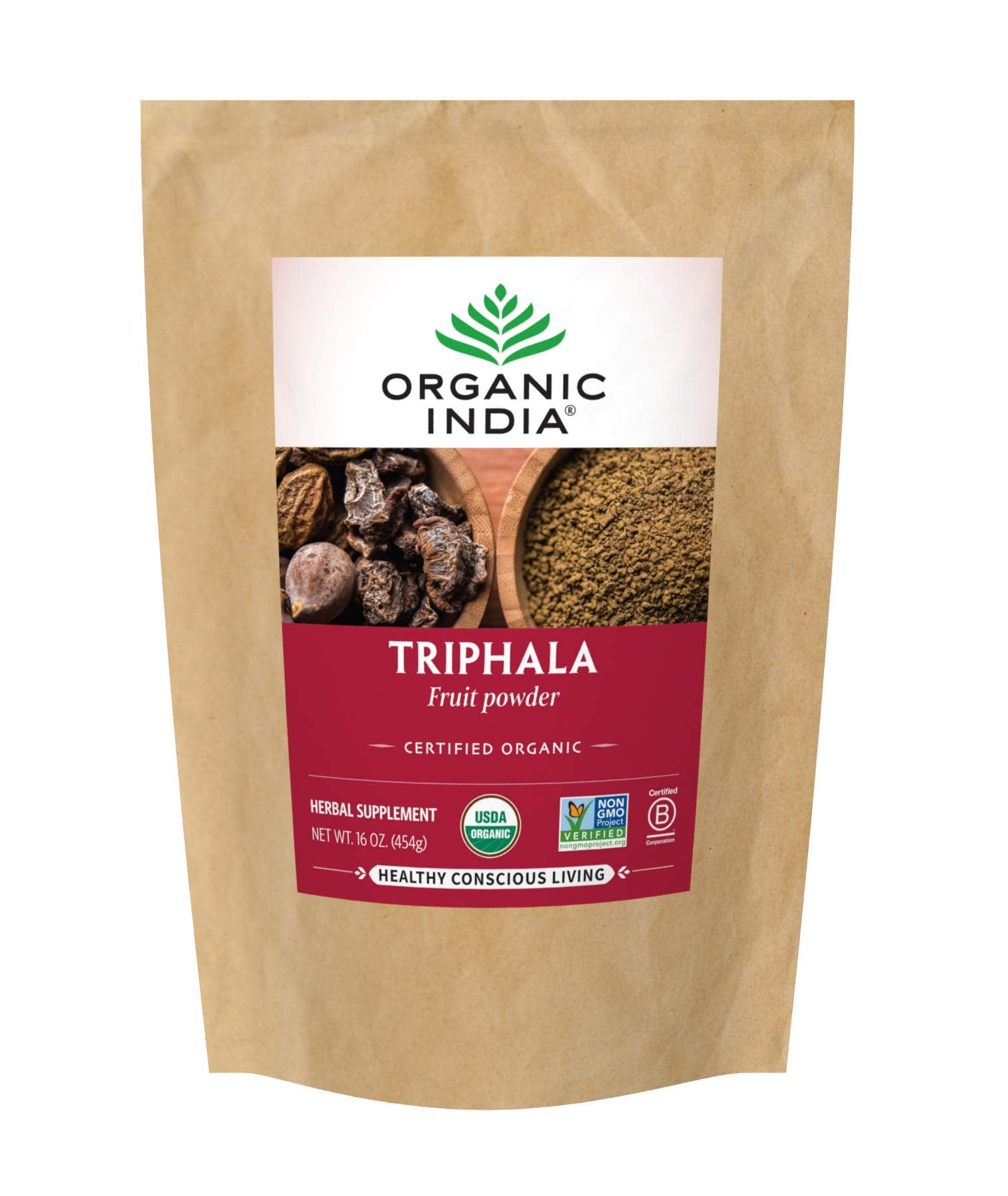ORGANIC INDIA envase frontal de Triphala mostrando la marca y la bolsa