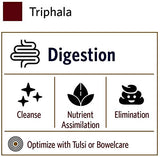 ORGANIC INDIA bolsa de Triphala comparada con mano para referencia de tamaño