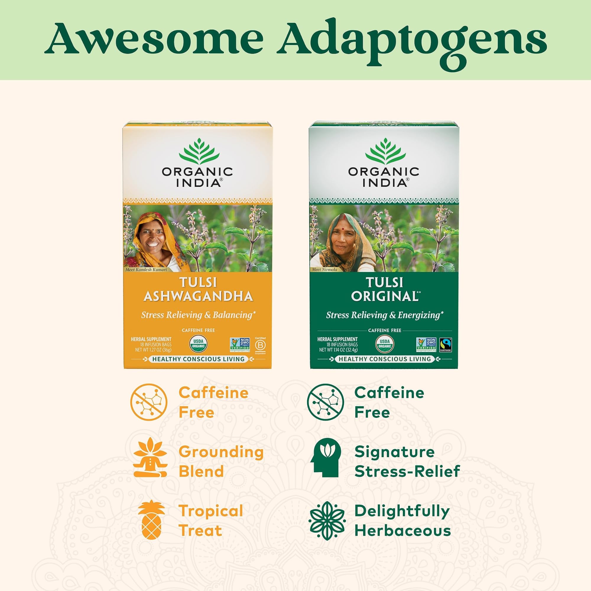 ORGANIC INDIA etiqueta con sellos USDA Organic y Fairtrade que inspiran confianza