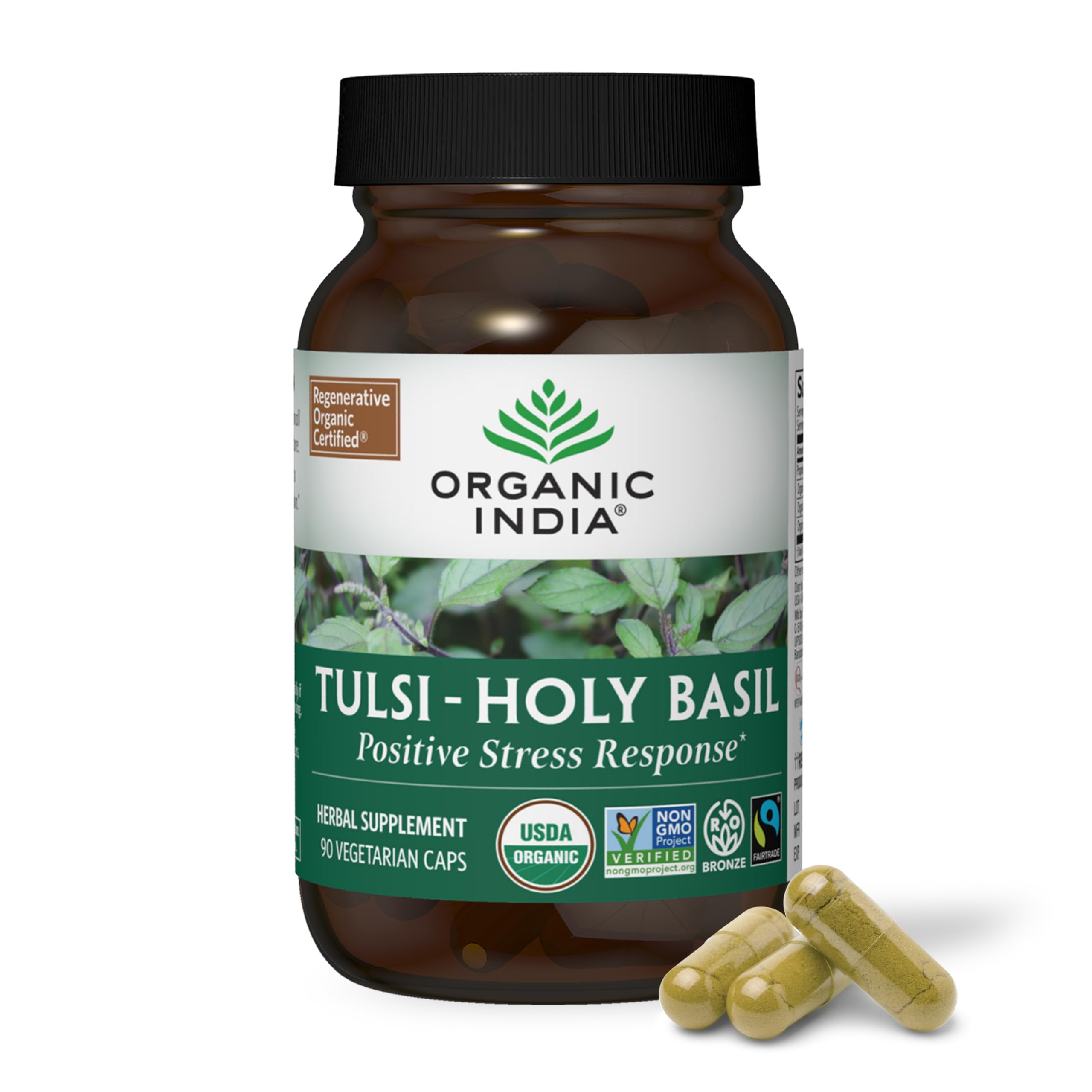 ORGANIC INDIA frente del empaque mostrando 90 cápsulas y beneficios orgánicos