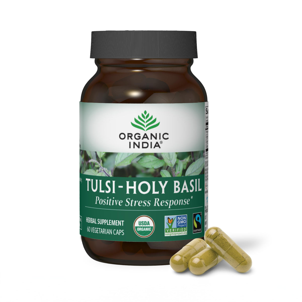 ORGANIC INDIA frente del empaque mostrando 60 cápsulas y beneficios