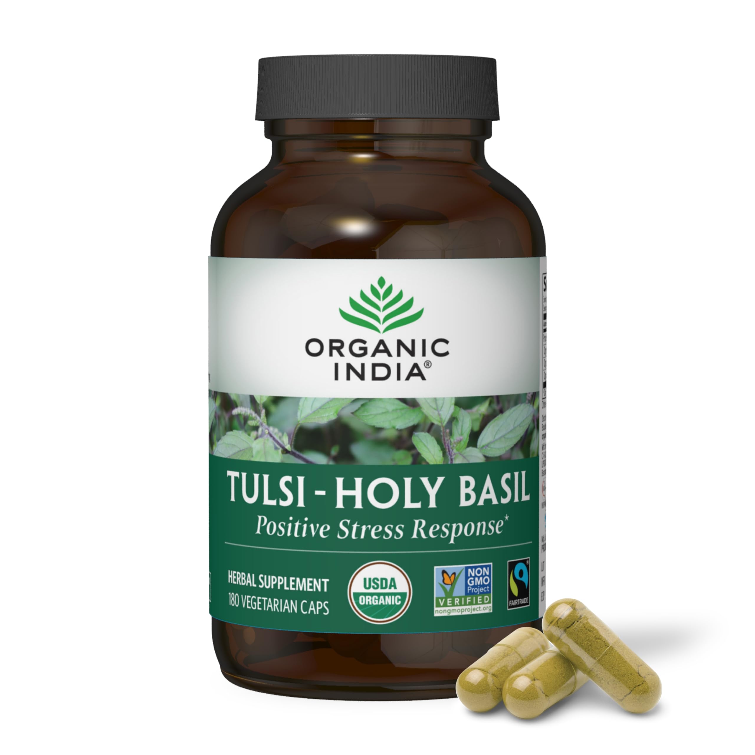 ORGANIC INDIA frasco Tulsi frente mostrando etiqueta y beneficio natural