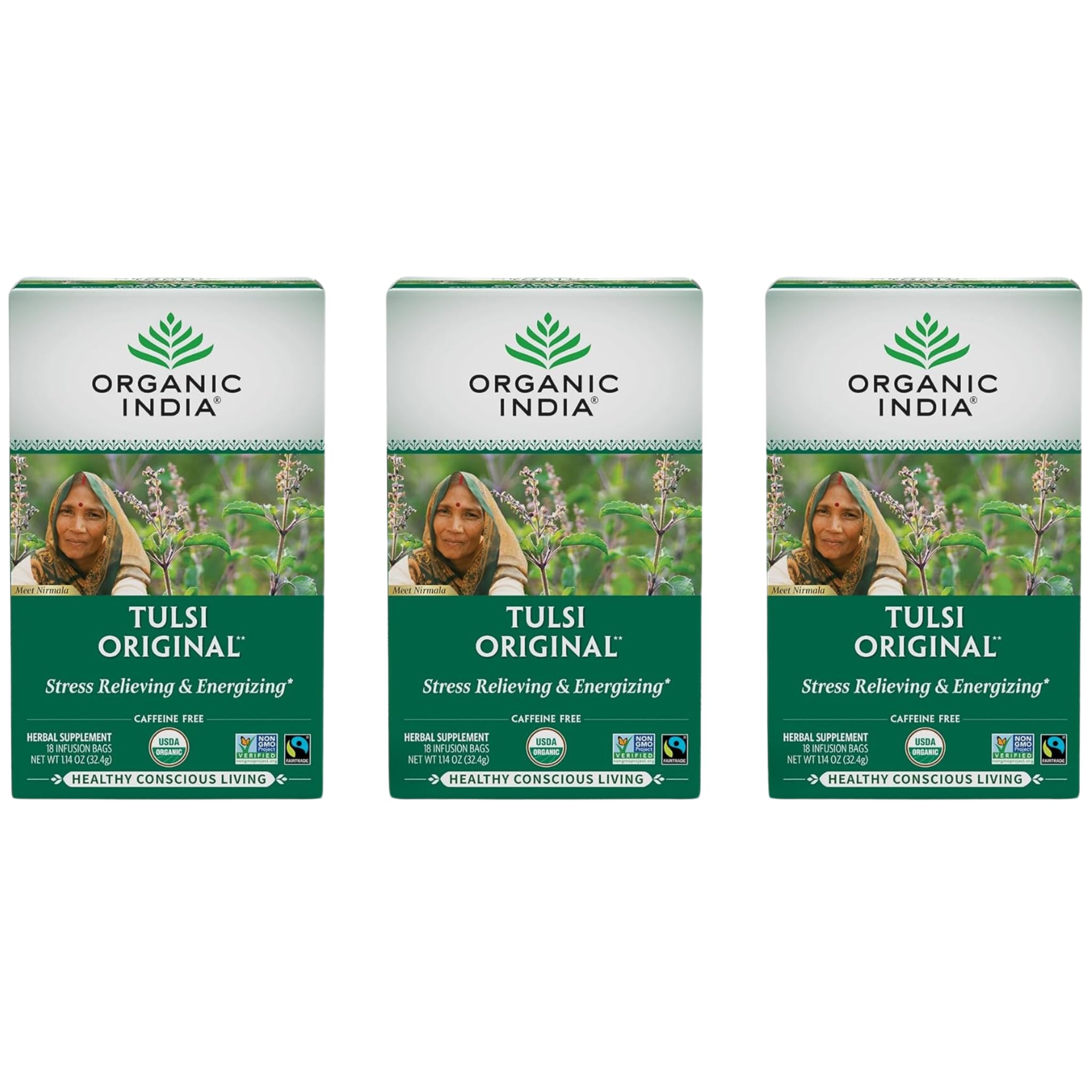 ORGANIC INDIA paquete frontal mostrando 18 bolsitas y certificaciones ecológicas
