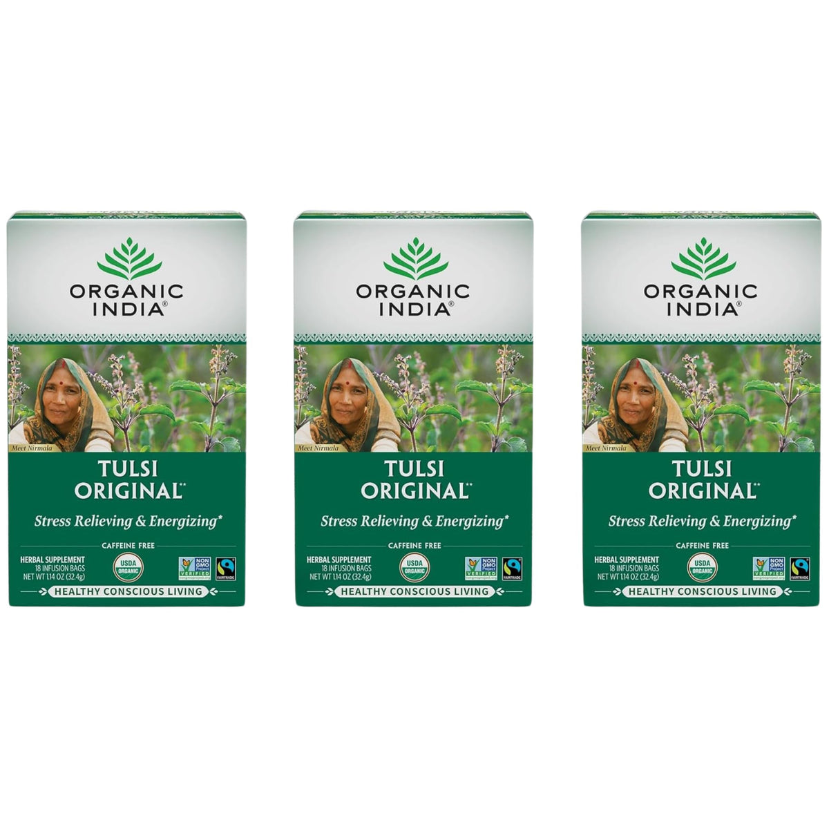 ORGANIC INDIA paquete frontal mostrando 18 bolsitas y certificaciones ecológicas