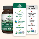 ORGANIC INDIA hojas de Tulsi frescas junto al frasco para mostrar origen vegetal