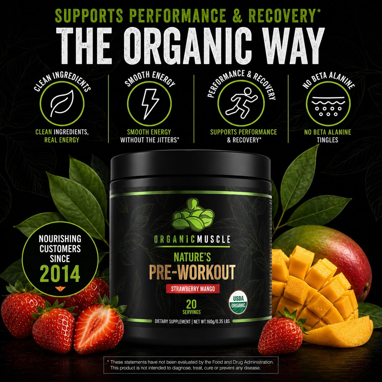 Organic Muscle cucharada comparativa mostrando tamaño de servicio y porciones