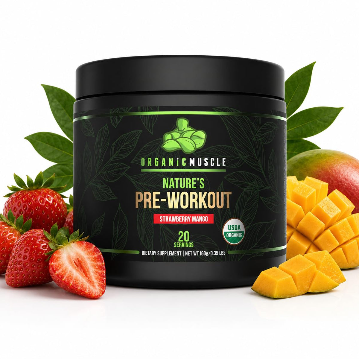 Organic Muscle presentación frontal del envase mostrando sabor fresa mango y certificados