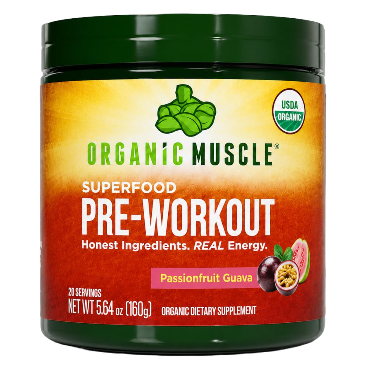 Organic Muscle envase frontal mostrando sabor maracuyá guayaba y beneficios limpios