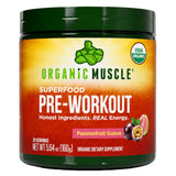 Organic Muscle envase frontal mostrando sabor maracuyá guayaba y beneficios limpios