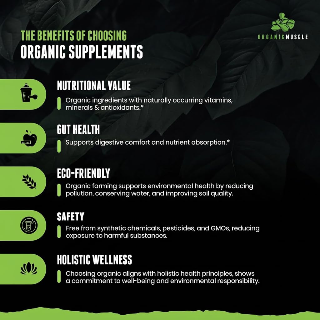 Organic Muscle envase junto a objeto para comparar tamaño y porciones
