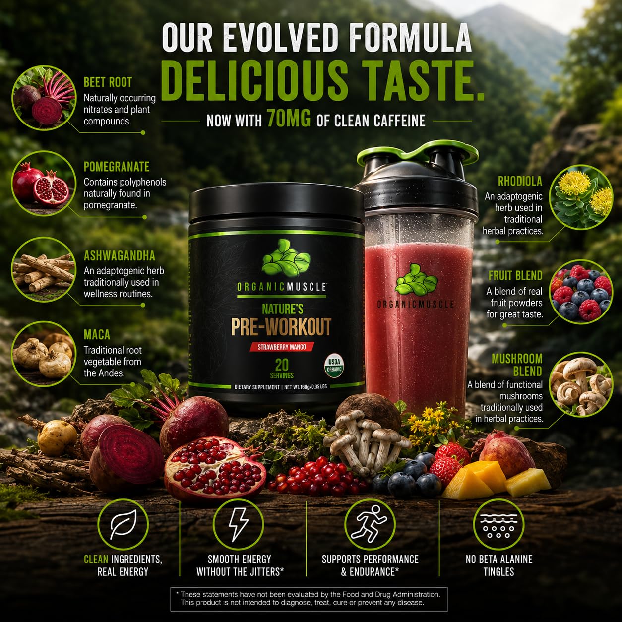 Organic Muscle polvo en primer plano mostrando textura fina y fácil mezcla