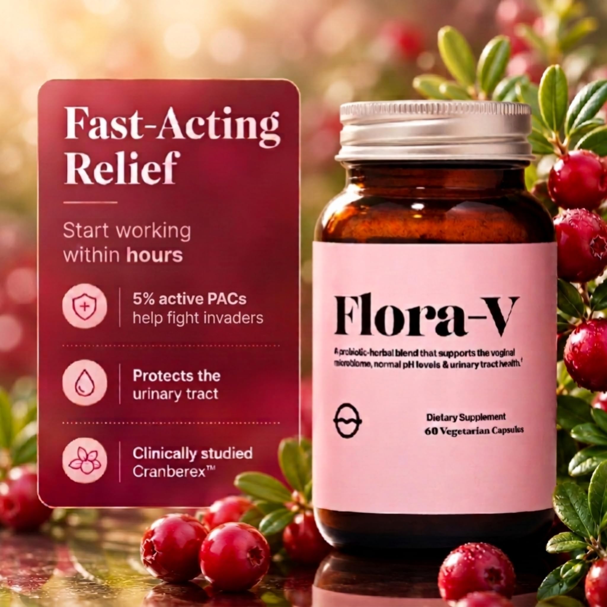 Organic Olivia Flora-V ingredientes con extracto de Cranberex y arándanos