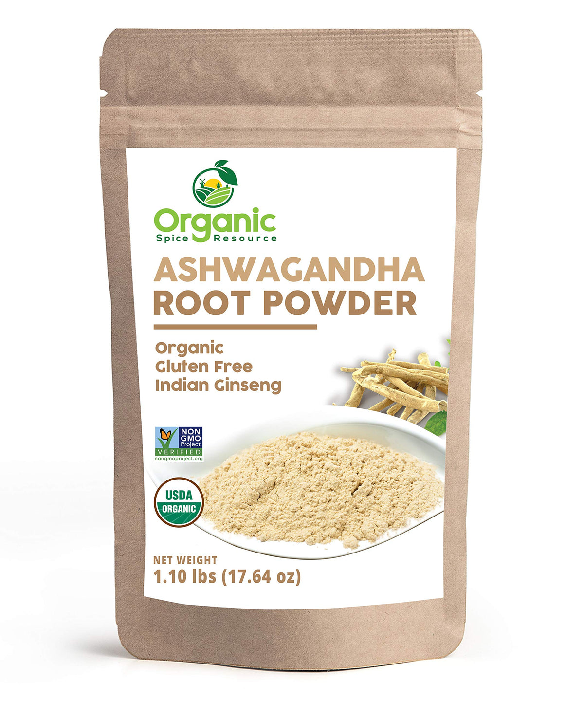 Organic Spice Resource bolsa kraft frontal mostrando 1.10 lb y cierre resellable para frescura